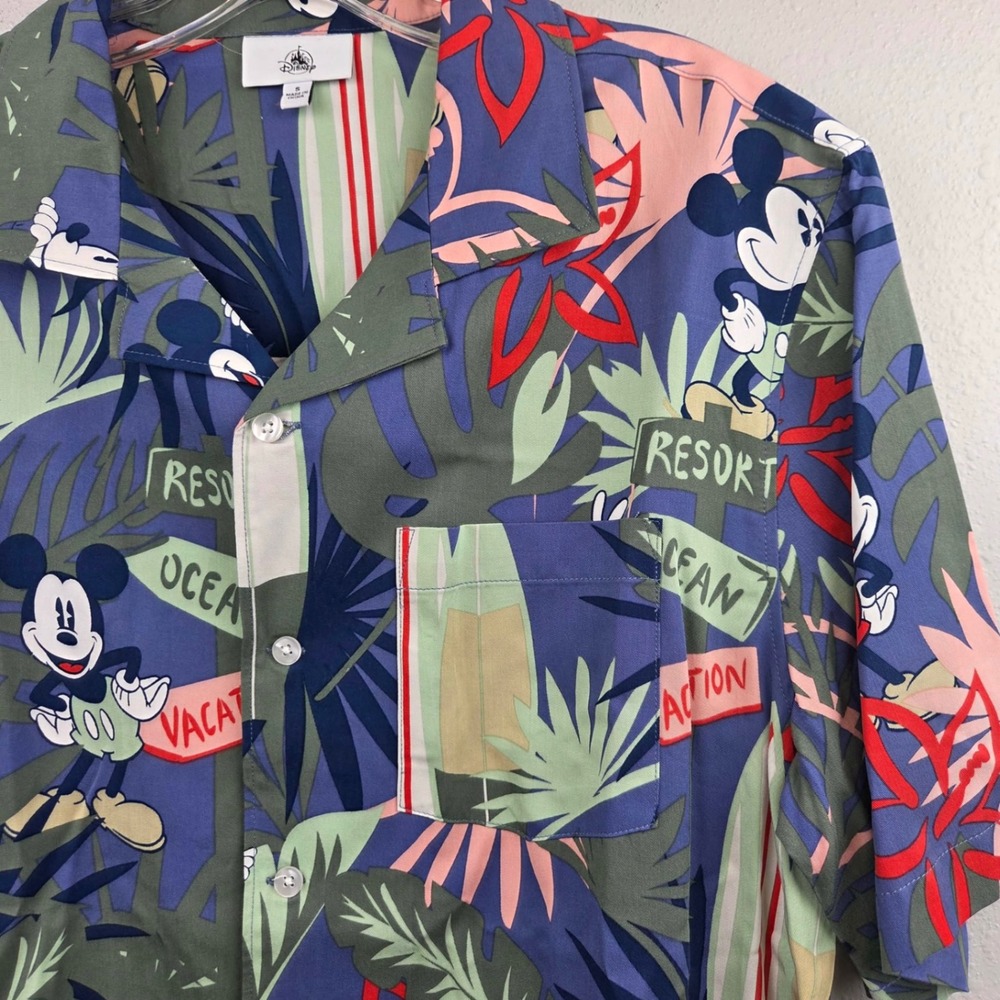 Disney Parks Mickey Mouse Resort Shirt Mens Small Blue Tropical Floral Button Up